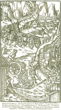 F&ouml;rderung auf Saumtieren, mittels Lutten, in Schubkarren, in zweir&auml;drigen Karren und Wagen. Georgius Agricola, Berg- und H&uuml;ttenwesen, 1556. 