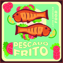 Typical easter food of the Caribbean coasts. Editable vector illustration of fried fish with salad of lettuce, tomato and lemon slices