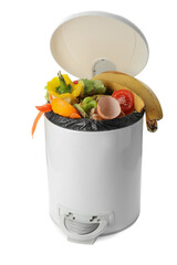 Fototapeta na wymiar Trash bin with organic waste for composting on white background