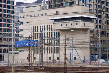 Railway main station HB with control tower and station sign of Zurich. Photo taken March 3rd, 2021, Zurich, Switzerland.