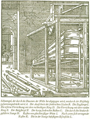 Ein betriebsfertig aufgestellter Blasebalg. Georgius Agricola, Berg- und Hüttenwesen, 1556. 