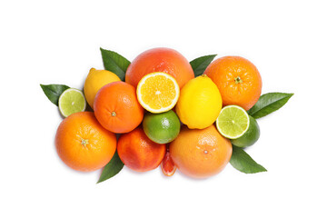 Different citrus fruits on white background, top view