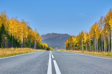 autumn highway stretching away to a beautiful mountain