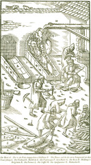 Das Umschmelzen des Bleis zu Kuchen. Georgius Agricola, Berg- und Hüttenwesen, 1556. 