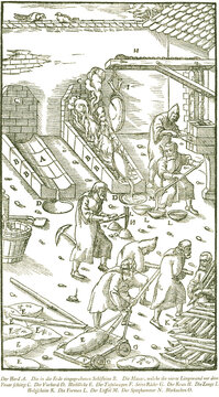 Das Umschmelzen des Bleis zu Kuchen. Georgius Agricola, Berg- und H&uuml;ttenwesen, 1556. 