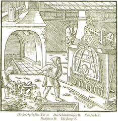Der Darrofen in Betrieb. Georgius Agricola, Berg- und Hüttenwesen, 1556. 