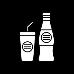 Soft drink bottle with glass cup dark mode glyph icon. Bar menu beverage. Cafe soda. Bottled coke and mug with straw. White silhouette symbol on black space. Vector isolated illustration