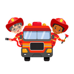 Cute fire fighter boys riding fire truck with hose and axe. Flat vector cartoon isolated. © cloverlittleworld