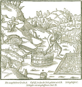 Das Eindampfen der Sole durch Gießen auf brennendes Holz. Georgius Agricola, Berg- und Hüttenwesen, 1556. 