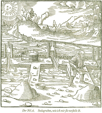 Salzgewinnung am Nil (nach Vorstellung von Agricola). Georgius Agricola, Berg- und Hüttenwesen, 1556. 