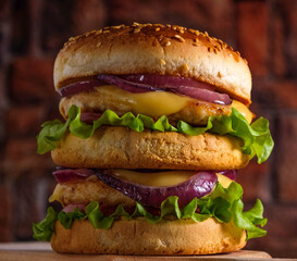 .Tasty grilled burger with salad, cheese and onions, served on a cutting board on a wooden table