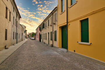 Fototapeta premium Montagnana, Italy - August 6, 2017: architecture of the quiet streets of the old city in the early morning.