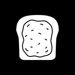 Toast with jam dark mode glyph icon. Breakfast food. Bread slice with butter spread. Peanut butter. Nutrient snack. White silhouette symbol on black space. Vector isolated illustration