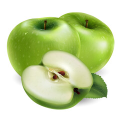Two green apple and a slice on white background.