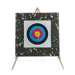 Arrow in archery target isolated on white