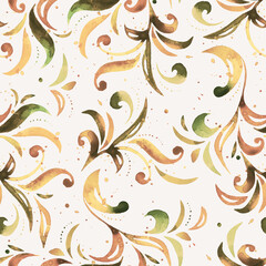 watercolor abstract seamless pattern, illustration with repeating curls and leaves