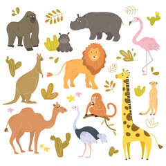 Set of cartoon cute animals from Africa.