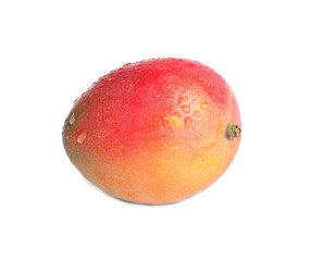 Fresh ripe mango with water drops on white background