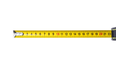 Yellow tape measure isolated on white, top view