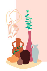 Vases in a composition with plants and shapes