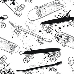 skateboard pattern. Seamless bright abstract pattern with skateboard. Prints for T-shirts, textiles, clothes, sports, and more © SokolArtStudio