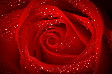 Naklejka premium Closeup view of beautiful blooming red rose with dew drops as background