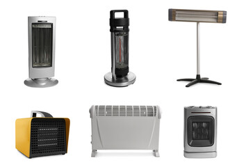Different modern electric heaters on white background, collage