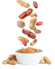 Delicious peanut butter in bowl on white background