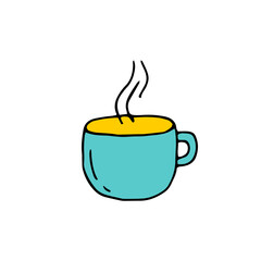 A mug with hot coffee, tea. Vector doodle illustration, hand drawn.