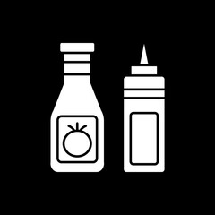 Sauce bottles dark mode glyph icon. Ketchup for cookery and mustard for seasoning. Tabasco sauce. Dressing for cooking. White silhouette symbol on black space. Vector isolated illustration