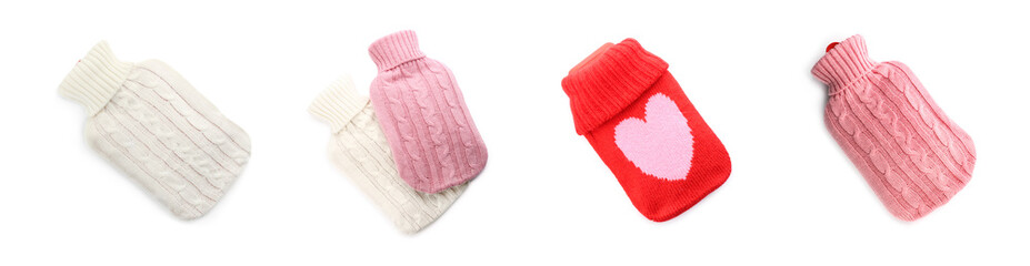 Obraz na płótnie Canvas Set of hot water bottles with knitted covers on white background. Banner design
