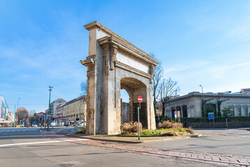 Porta Romana (translation. Roman's Gate) monument and square, Milan, Italy. Blue sky on the background.