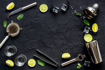 Frame of bar utensils and tools for Mojito cocktail - shaker, lime and ice