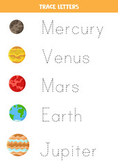 Tracing letters with solar system planets. Writing practice.