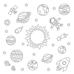 Color solar system planets and astronaut. Coloring sheet for kids.