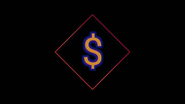 Neon blue light dollar sign on black background.dollar symbol in rectangle frame for business or finance concept. Loop 4k animation.