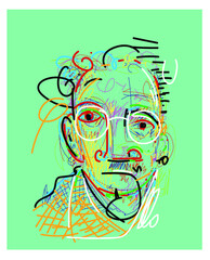 Abstract man face character vector illustration. Line art, rough,grunge, people icon.