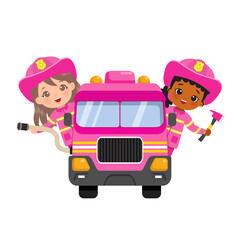 Cute fire fighter girls in uniform riding fire truck. Flat vector cartoon clip art isolated