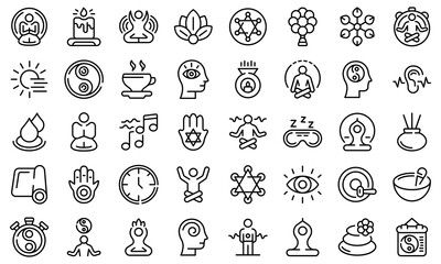 Spiritual practices icons set. Outline set of spiritual practices vector icons for web design isolated on white background