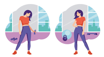 Fitness girl doing sports in the gym. Flat design. Vector illustration