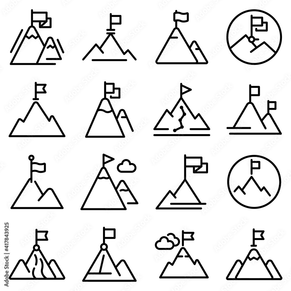 Poster flag on mountain icons set. outline set of flag on mountain vector icons for web design isolated on 