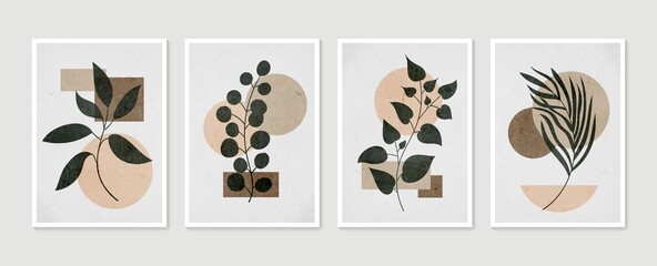 Botanical wall art vector set. Minimal and natural wall art. Boho foliage line art drawing with abstract shape. Abstract Plant Art design for print, wallpaper, cover. Modern vector illustration. © shendart