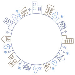 冬イメージの線画町並み　円フレーム