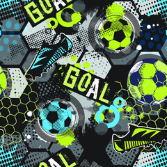 Abstract seamless pattern for boys. Football pattern. Grunge urban pattern with football ball. Sport wallpaper on white background with black and green. Repeated sport pattern. © SokolArtStudio