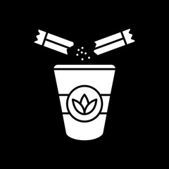 Add sugar to herbal tea dark mode glyph icon. Sweet drink for take away. Beverage take out. Pour sweetener in leaf tea. White silhouette symbol on black space. Vector isolated illustration