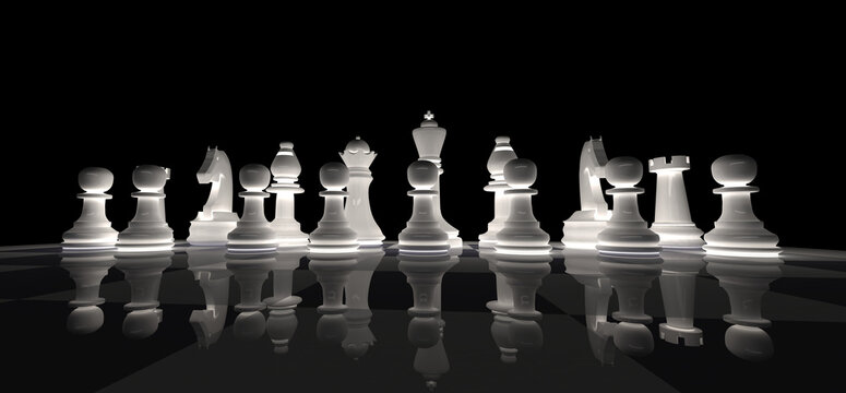 Tablero de ajedrez efecto espejo con piezas blancas y negras brillantes. 3D. Render