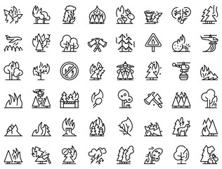 Burning forest icons set. Outline set of burning forest vector icons for web design isolated on white background