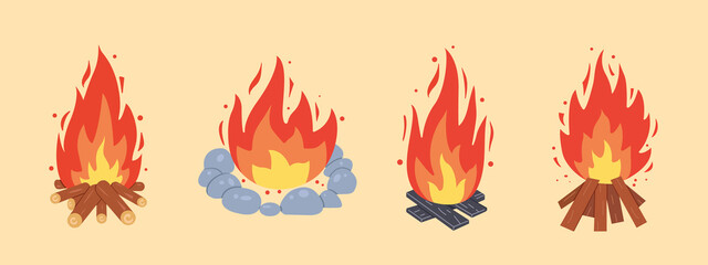 Campfire different types. Vector burning bonfire frames. Camping fire collection. Fireplace with fire coals or woodfire in cartoon style set.