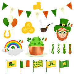 St. Patrick's Day vector icons set isolated on a white background. Flat style, cartoon style elements: shamrock, leprechaun, cake, flag, tie, rainbow, horseshoe, glasses, pipe.