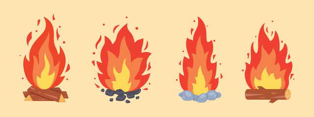 Campfire different types. Vector burning bonfire frames. Camping fire collection. Fireplace with fire coals or woodfire in cartoon style set.